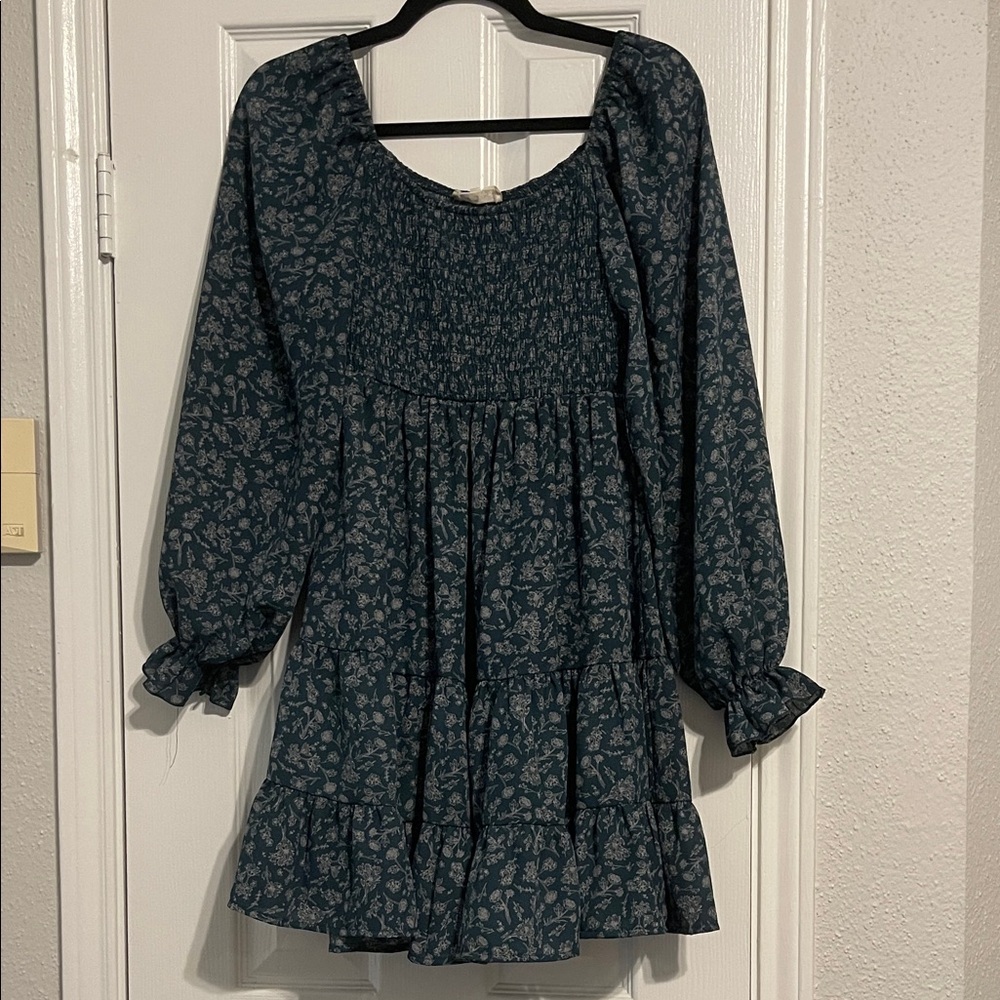 Altar'd State Textured Blue Green Dress with white flowers